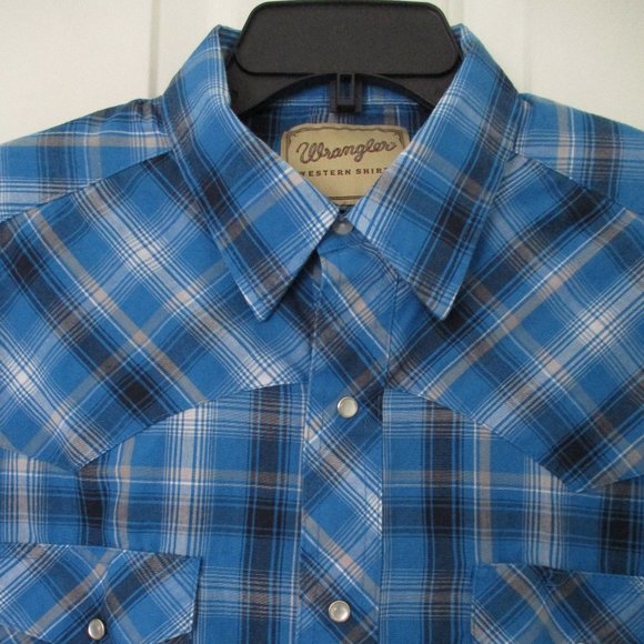 Wrangler Mens S/S Blue Plaid Pearl Snap Western Casual Shirt - Size Large - Picture 2 of 4